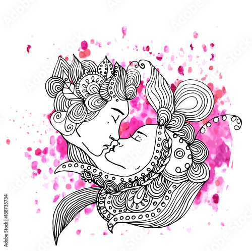 Vector kissing couple in doodle style on doodle background. Can be used as card, invitation, background, adult coloring book. Hand drawn style. Wedding invitation. Zentagle. st. Valentine's day card.