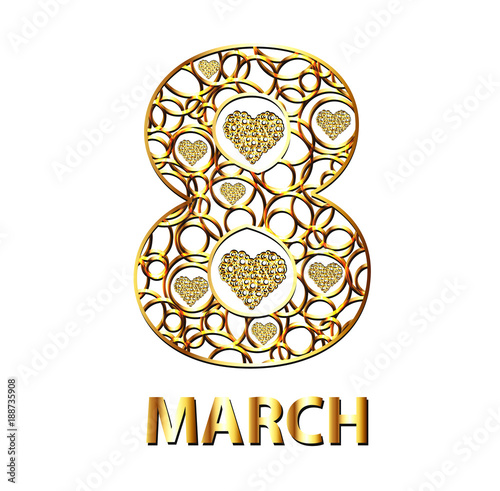 Gold eight of circles and hearts. March 8. Vector illustration
