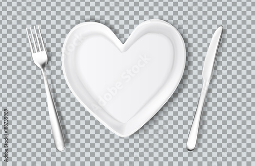 Vector plate in shape of heart, knife, fork