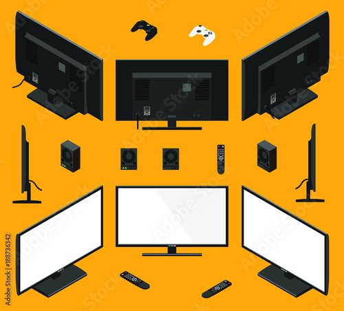 Set of the isometric Monitors with remote control. Isometric modern LED TV with blue screen shown from different sides flat design; 