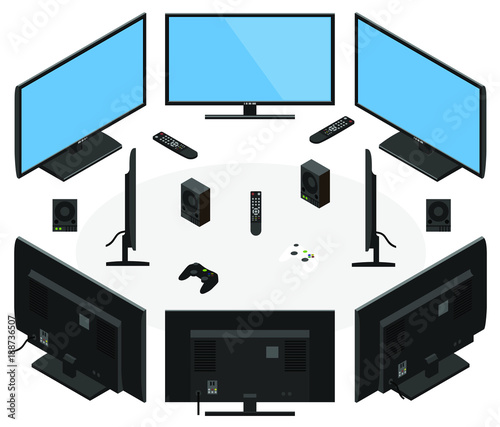Set of the isometric Monitors with remote control. Isometric modern LED TV with blue screen shown from different sides flat design; 