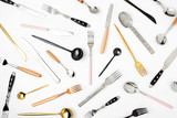 Collection of various cutlery on white background, flat lay,  top view,