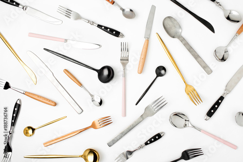Collection of various cutlery on white background, flat lay, top view,