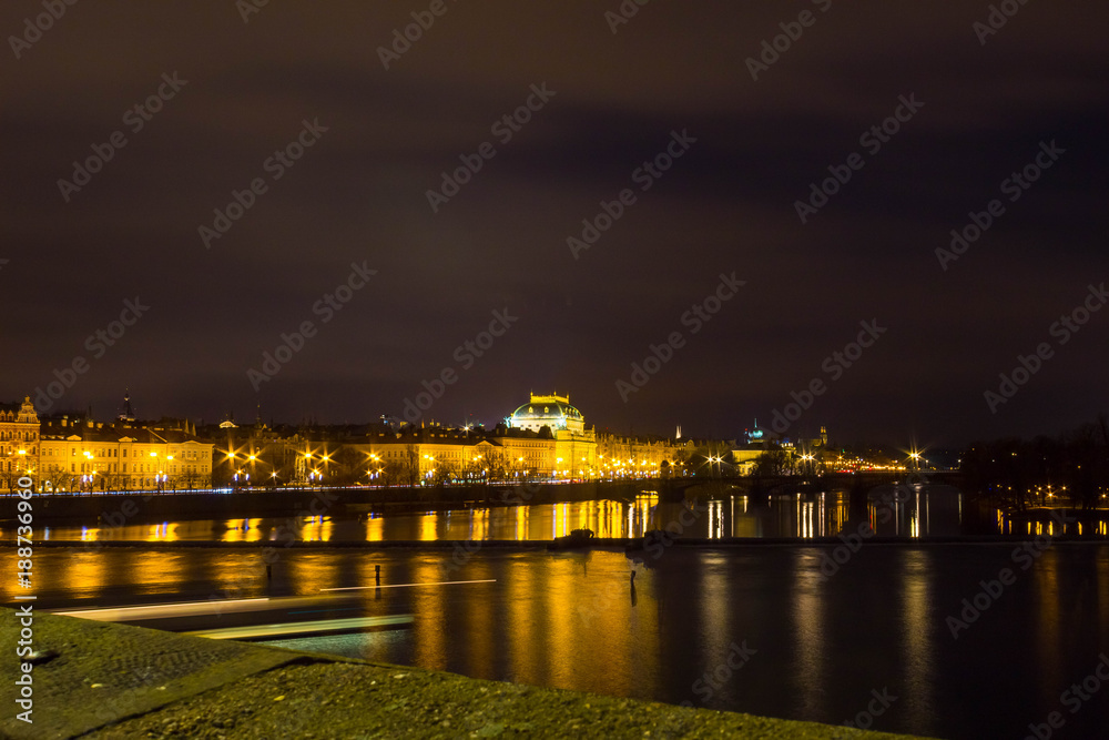 Cityscape of Prague with Castle and Charles Bridge at night