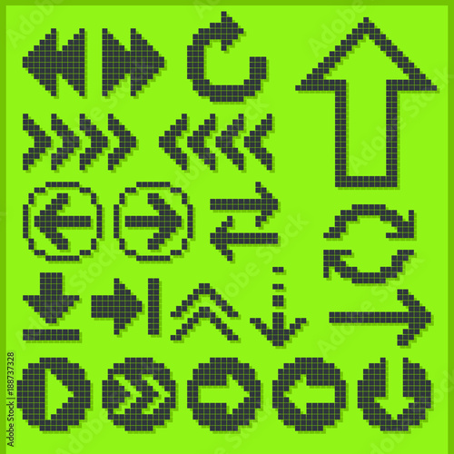 Arrow symbol on a screen old cell phone with green backlight; Monochrome dot-based Arrow icon set; Pixel art vector