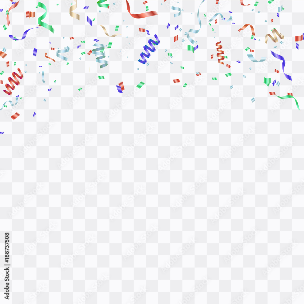 Colorful bright confetti isolated on transparent background. Festive vector illustration