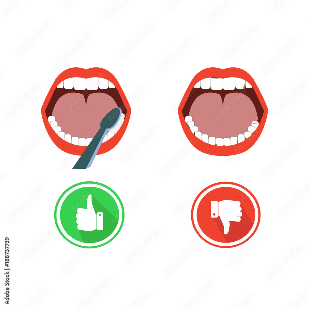 Obraz premium Oral hygiene banners with cute tooth. Part 1. Brushing, flossing and rinsing. Vector illustration.