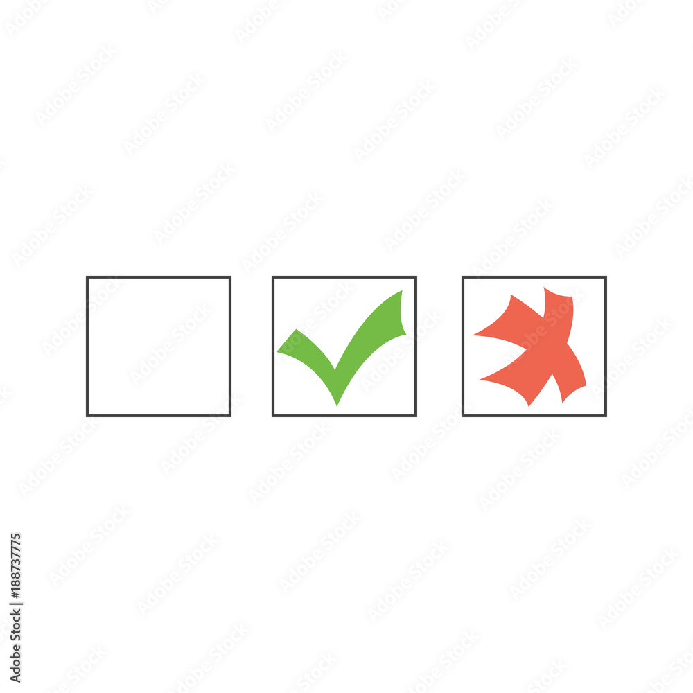 Tick and cross test signs set, check marks graphic design. YES or NO accept or decline symbol vector buttons for vote, election choice, web. Green symbolic OK checkmark, red X icon, isolated on white. Tick and cross test signs set, check marks graphic design. YES or NO accept or decline symbol vector buttons for vote, election choice, web. Green symbolic OK checkmark, red X icon, isolated on white.