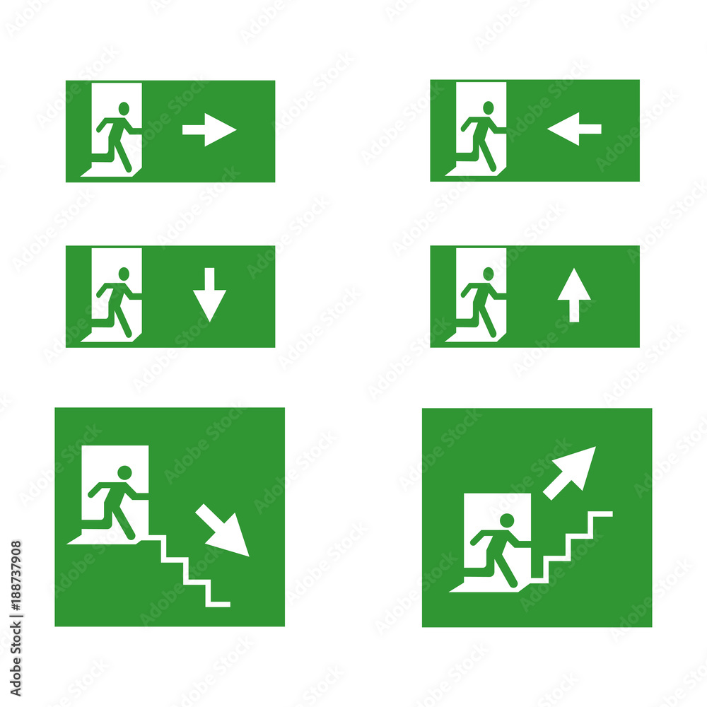 Vector fire emergency icons. Signs of evacuations. Fire emergency exit in green and red. Exit signs. Emergency fire symbols for evacuation plan. Vector fire emergency icons. Signs of evacuations. Fire emergency exit in green and red. Exit signs. Emergency fire symbols for evacuation plan.