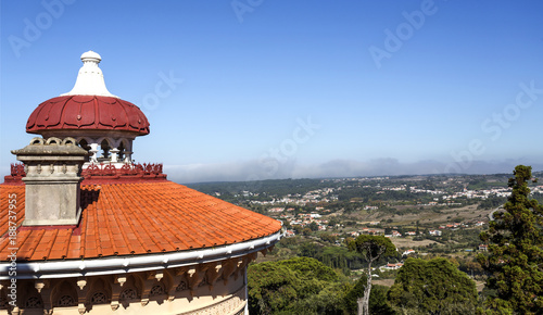 View of the round and gently sloping roofs and decoration of the finilas of the Monserrate Palace in Sintra, Portugal