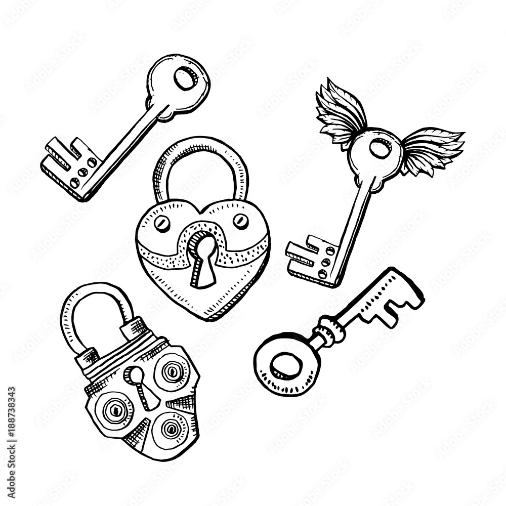 Door Locks or Latch and Keys in Sketch Style. Outline or Contour Drawing.  Hand drawn Vector Set Isolated Illustration Stock Vector | Adobe Stock