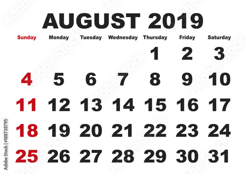 August month calendar 2019 english USA