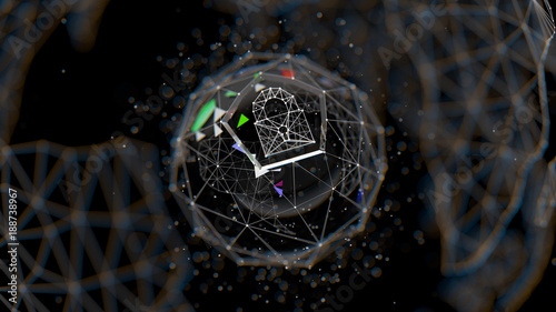 Abstract crypto cyber security technology on global network background. Digital theme. 3D illustration