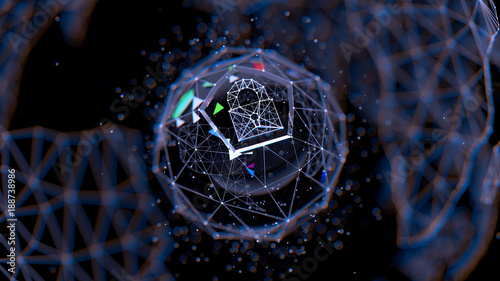 Abstract crypto cyber security technology on global network background. Digital theme. 3D illustration