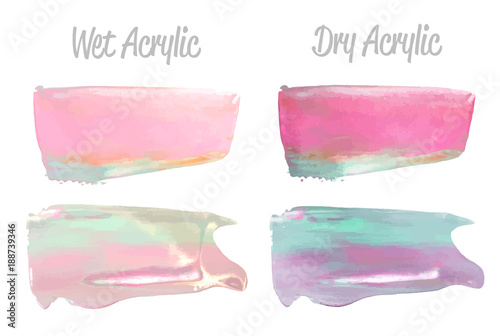 Vector pink and mint paint smear stroke stain set. Abstract glittering textured art illustration. Acrylic Texture Paint Stain Illustration. Hand drawn brush strokes vector elements. Acrilyc strokes.