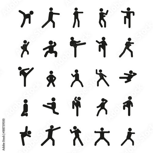 Different karate poses. Vector illustration with different karate poses in black simple silhouette style. elements of sport design and web.