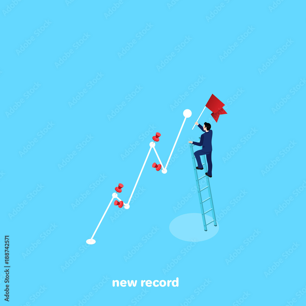 a man in a business suit with a flag in his hand fixes a new record, an isometric image a man in a business suit with a flag in his hand fixes a new record, an isometric image