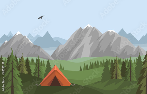 Vector flat landscape with summer mountains, green forest and hills and orange tent - camping, traveling, adventures concept