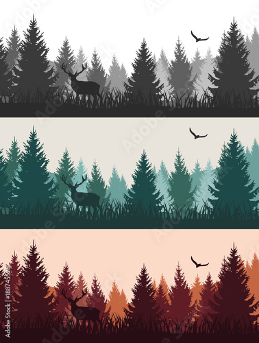 Vector vintage forest landscape with silhouettes of trees and wild animals - three color variants