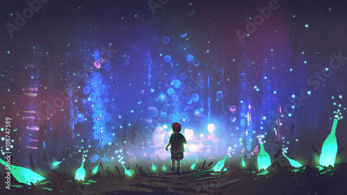 night scenery of boy walking on the floor among many glowing green bottles, digital art style, illustration painting