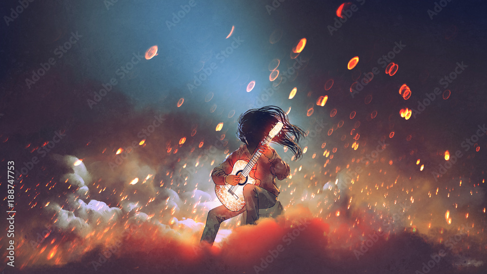 Obraz premium mysterious man playing the glowing guitar in the smoke, digital art style, illustration painting