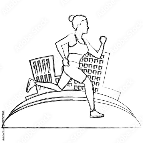Woman running at city icon vector illustration graphic design