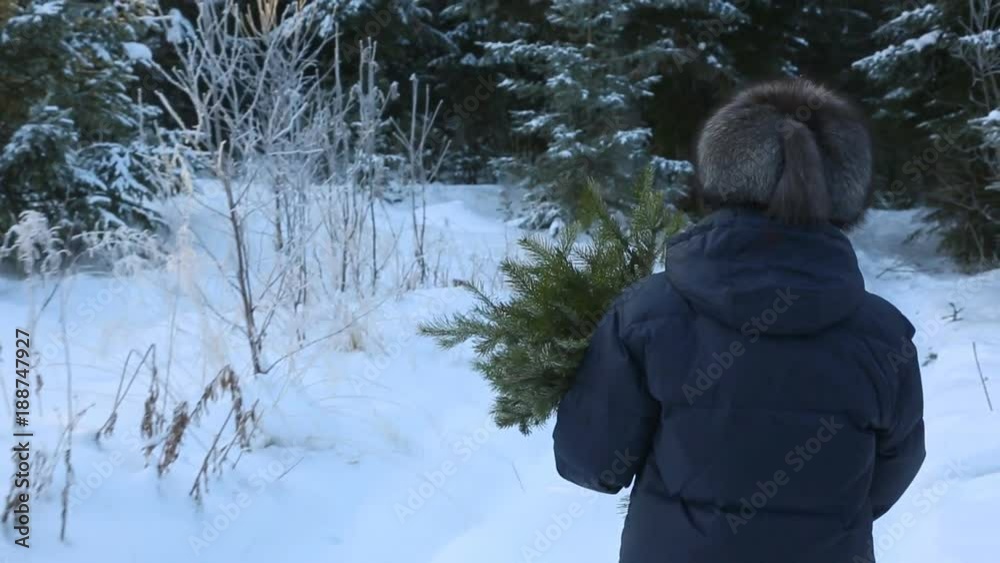 Woman with fir branches walking through the snow forest Woman with fir branches walking through the snow forest