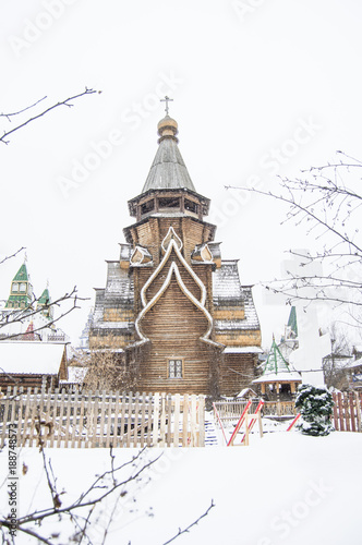 Moscow  Russia - January  18  2018  Church of St. Nicholas in the Kremlin in Izmaylovo in winter during a snowfall. A beautiful place for walking tourists.