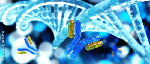 antibody and DNA helix, 3D rendering photo