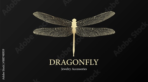 Vector logotype for jewelry boutique, store, shop. Elegant gold dragonfly silhouette at black background. Outline of dragonfly. Can be used for postcard, print, logo, poster, label.