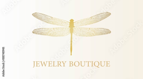 Vector logotype for jewelry boutique, store, shop. Elegant gold dragonfly silhouette at white background. Outline of dragonfly. Can be used for postcard, print, logo, poster, label.