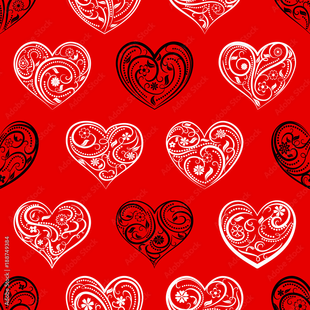 Seamless pattern of big hearts with ornament of curls, flowers and leaves, white and black on red Seamless pattern of big hearts with ornament of curls, flowers and leaves, white and black on red