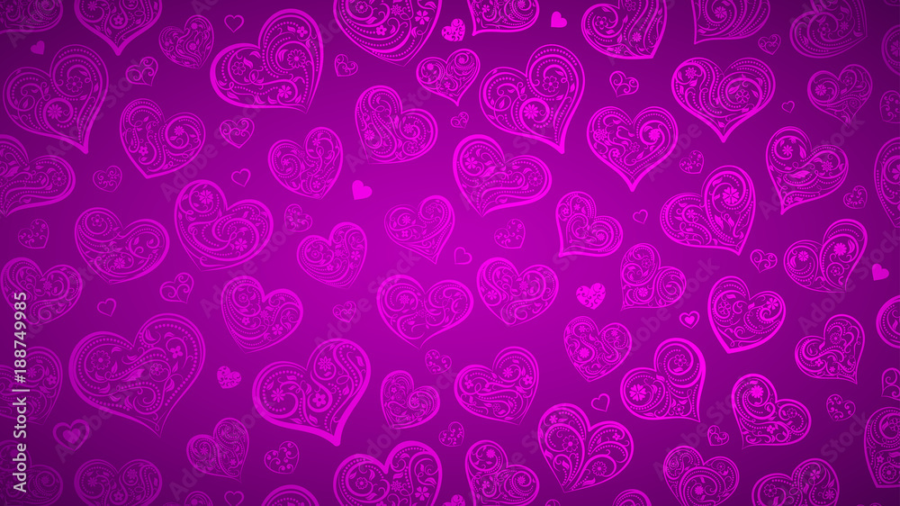 Background of big and small hearts with ornament of curls, flowers and leaves, in purple colors
