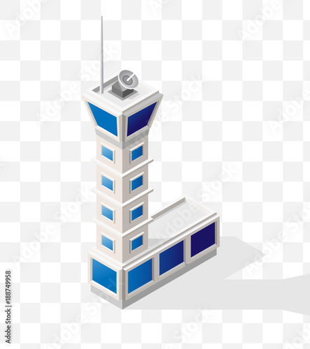 Isometric High Quality City Element with 45 Degrees Shadows on Transparent Background . Flight Control Tower
