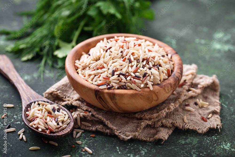 Mix of brown, red and wild rice in bowl Stock Photo Adobe Stock