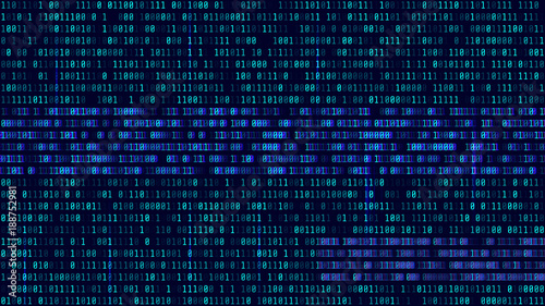 Binary code, blue digits on the computer screen. Figures with the effect of the VHS screen of the 80's and 90's. Retro vintage screen. Colored semi-shifted numbers. Glitch effect. Format 16:9