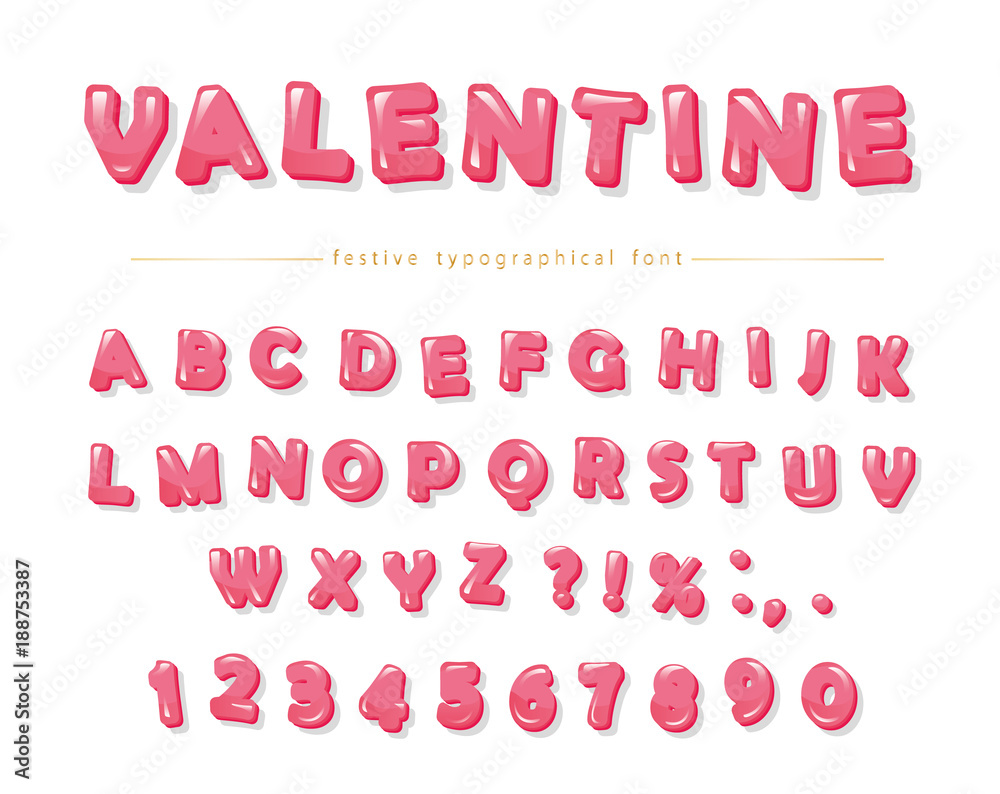 Glossy pink decorative font. Cartoon ABC letters and numbers ...
