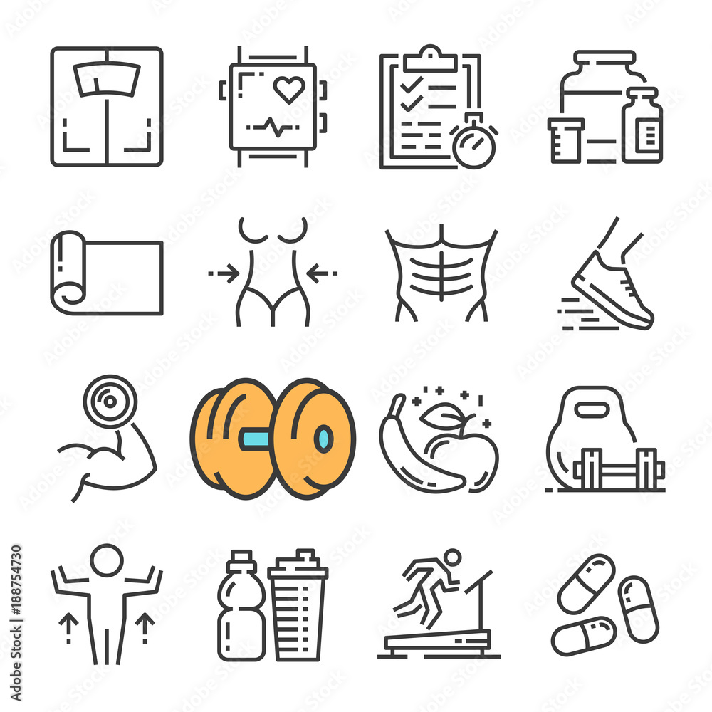 Fototapeta premium Vector black line Fitness Gym Equipment icons set. Includes such Icons as Equipment Fitness, Body Woman and Man.
