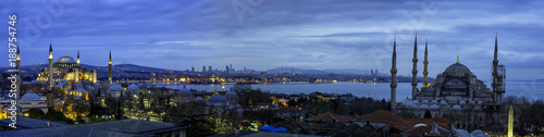 Istanbul panoromic photo, The Hagia Sophia and Blue Mosque , sultanahmet square, Istanbul Turkey
