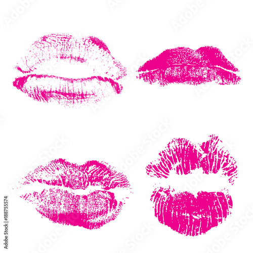 Set of lips or lip shaped women kiss print. Valentines or mother's day design element. 8 March Women's Day or love, sex, symbols. Girl kisses lips stain isolated on background. Vector.