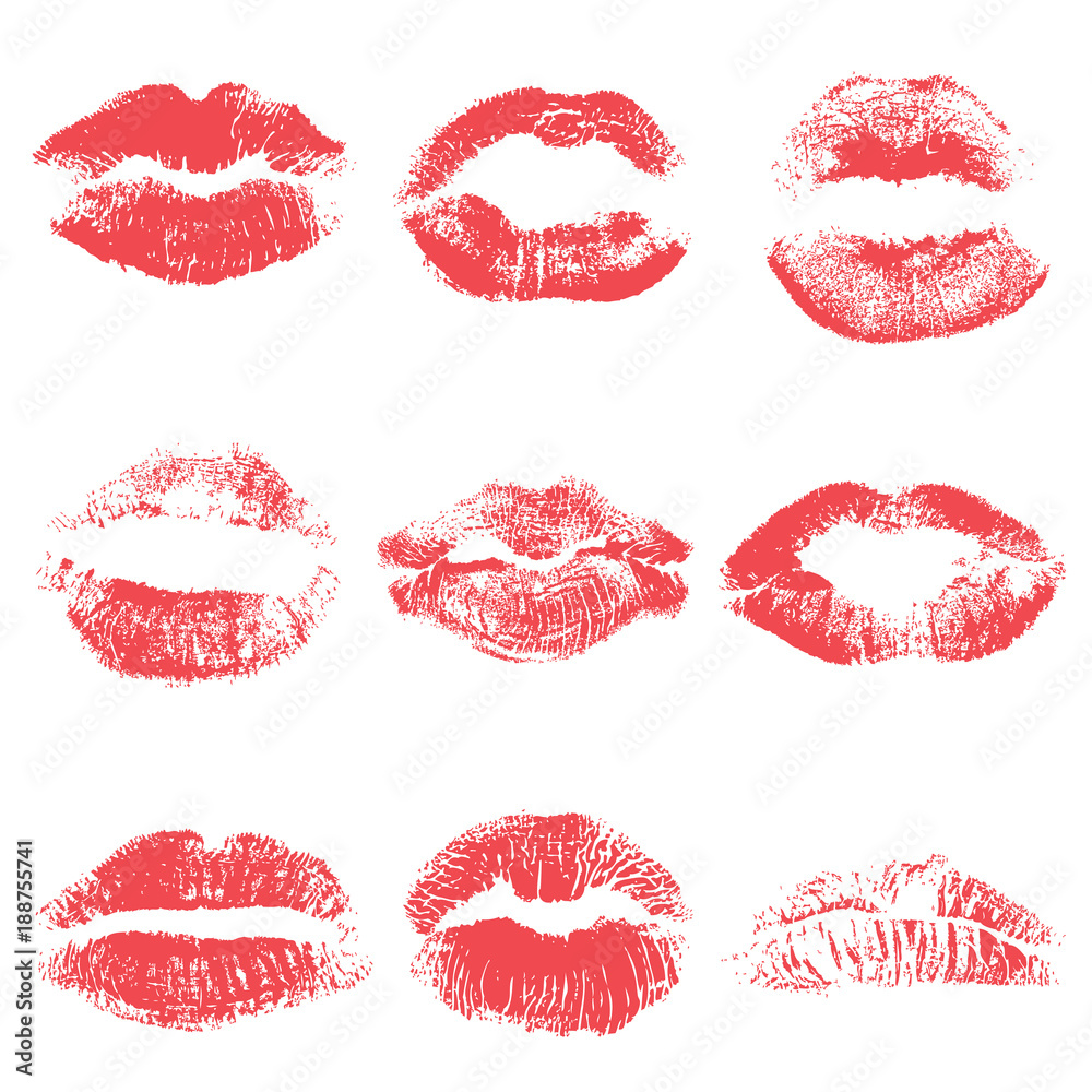 Naklejka premium Set of lips or lip shaped women kiss print. Valentines or mother's day design element. 8 March Women's Day or love, sex, symbols. Girl kisses lips stain isolated on background. Vector.