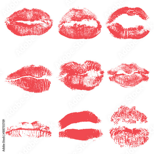 Female kiss shape lips illustration set. Woman sexy mouth stain isolated on white background. Handmade facial expression and red lipstick. Vector.