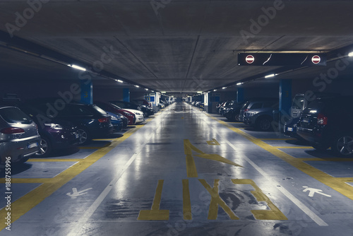 Large multi-storey underground car parking garage photo