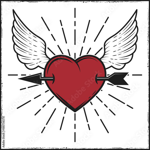 Arrow in heart and wings colored print with rays. Vector illustration in vintage style.