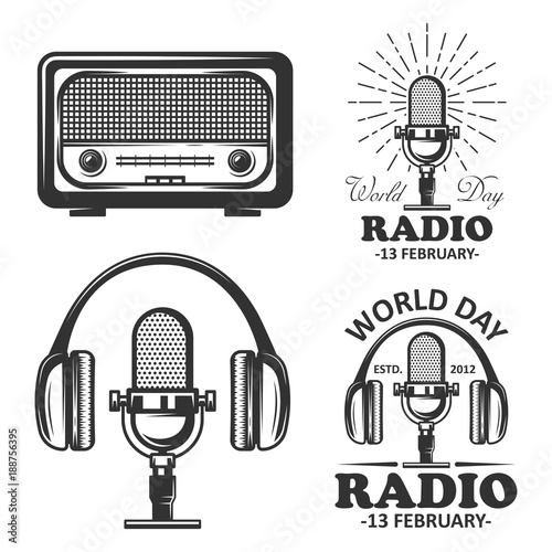 World radio day set of vector vintage emblems. Radio, microphone, headphone objects in monochrome vintage style.