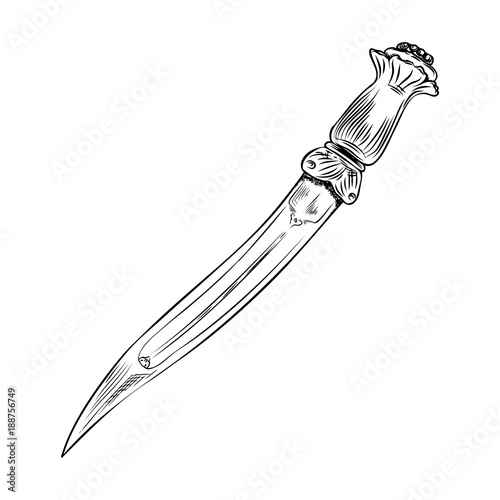 Black work tattoo art hand drawn engraving style medieval knife, dagger for flesh body art. Vintage sketch edged antique weapon. Vector.