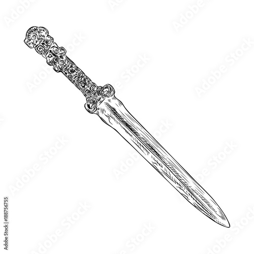Black work tattoo art hand drawn engraving style medieval knife, dagger for flesh body art. Vintage sketch edged antique weapon. Vector.