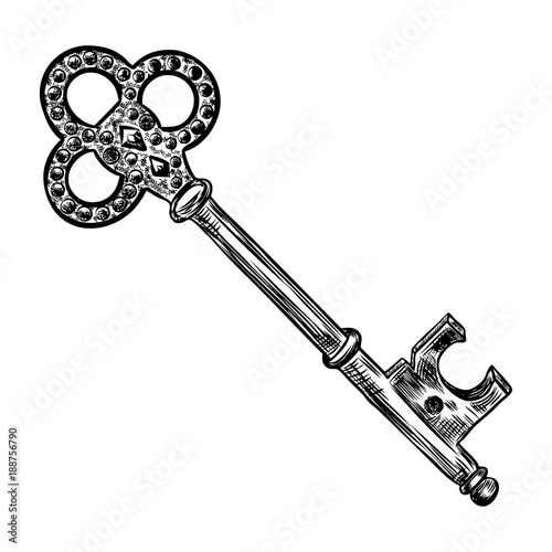 Retro key, vintage style. Key illustration for antiques decoration.  Ornamental medieval hand drawn old realistic design Vector.