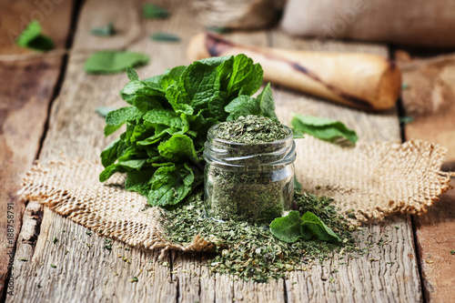 Dried peppermint in a glass jar and a bunch of fresh mint, vintage wood background, selective focus
