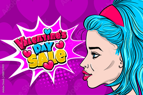 Blue hair woman pop art wow profile face. Pinup girl say message Valentines Day advertisement speech bubble comic text balloon. Love kitsch fashion background. Vector heart illustration lady poster.